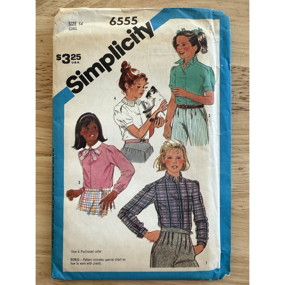 Simplicity Sewing Pattern 6555 Girls 1980s Set of Blouses‎ Button Up 14 Uncut FF